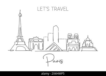 Un disegno su una sola linea dello skyline di Parigi in Francia. Il paesaggio storico dei grattacieli nel mondo. La migliore destinazione per le vacanze con decorazioni a parete e stampa di poster. TREN Illustrazione Vettoriale