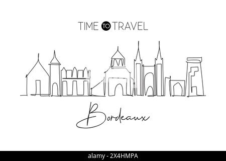 Linea singola continua che disegna lo skyline di Bordeaux, Francia. Il famoso paesaggio dei grattacieli della città. World Travel Home decor da parete poster stampa art concept. Illustrazione Vettoriale