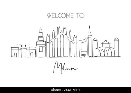 Disegno a linea singola continua dello skyline di Milano, Italia. Il famoso paesaggio dei grattacieli della città in tutto il mondo. Concetto di stampa poster World Travel con decorazioni da parete. Illustrazione Vettoriale