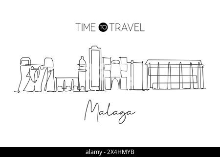 Disegno a linea singola continua dello skyline della città di Malaga, Spagna. Cartolina panoramica dei famosi grattacieli della città. Concetto di stampa poster World Travel con decorazioni da parete. Illustrazione Vettoriale