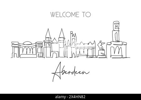 Un disegno su una sola linea dello skyline di Aberdeen, Scozia. Il paesaggio storico della città nel mondo. Poster con decorazioni murali della migliore destinazione per le vacanze. Alla moda Illustrazione Vettoriale