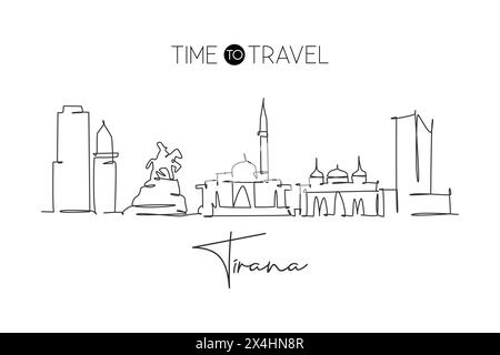 Un disegno continuo dello skyline della città di Tirana, Albania. Splendido punto di riferimento. Poster del turismo paesaggistico mondiale e delle vacanze di viaggio. Elegante e modificabile Illustrazione Vettoriale