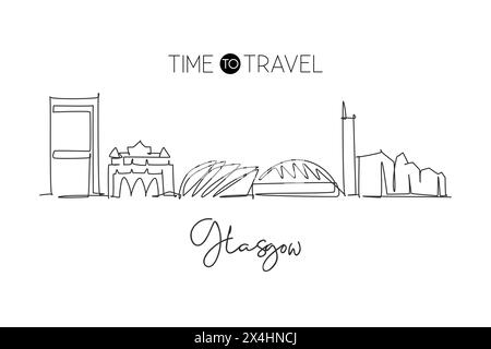 Un disegno su una sola linea dello skyline di Glasgow, Scozia. Il paesaggio storico della città nel mondo. Stampa di decorazioni da parete per poster della migliore destinazione per le vacanze. Tendenza Illustrazione Vettoriale