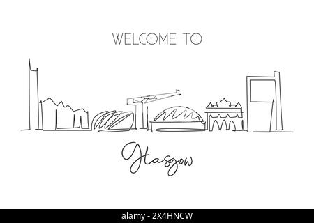 Una linea continua che disegna lo skyline di Glasgow, Scozia. Splendido punto di riferimento. Poster di vacanza World landscape Tourism Travel. st. Elegante modificabile Illustrazione Vettoriale