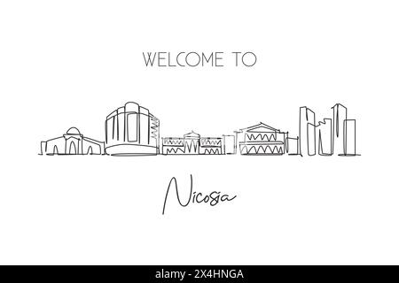 Un disegno continuo dello skyline di Nicosia, Cipro. Splendido punto di riferimento. Poster del turismo paesaggistico mondiale e delle vacanze di viaggio. Elegante e modificabile Illustrazione Vettoriale