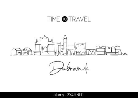 Disegno a linea singola continua dello skyline della città di Dubrovnik, Croazia. Il famoso paesaggio cittadino dei raschiatori. World Travel Concept Home wall decor poster print ar Illustrazione Vettoriale