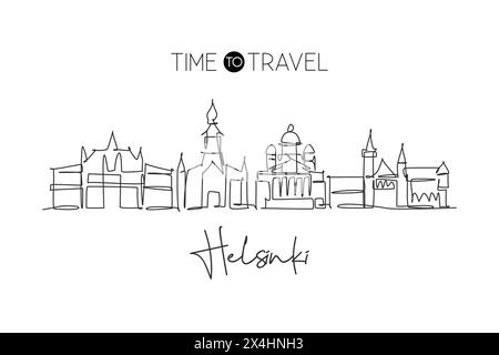 Un disegno continuo dello skyline di Helsinki, Finlandia. Splendido punto di riferimento. Poster di vacanza World landscape Tourism Travel. st. Elegante modificabile Illustrazione Vettoriale