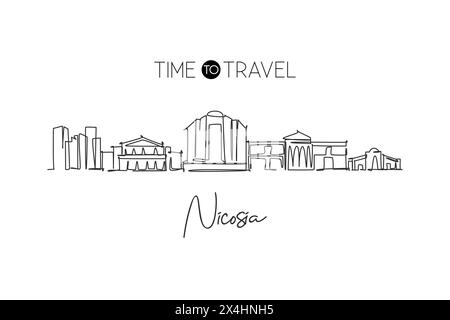 Disegno a linea singola continua dello skyline di Nicosia, Cipro. Il famoso paesaggio cittadino dei raschiatori. World Travel concept Home wall decor poster stampa art. Illustrazione Vettoriale