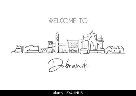 Un disegno continuo dello skyline della città di Dubrovnik, Croazia. Splendido punto di riferimento. Poster di vacanza World landscape Tourism Travel. Eleganti e modificabili Illustrazione Vettoriale