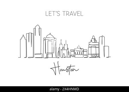 Un disegno su una sola linea dello skyline di Houston, Stati Uniti. Il paesaggio storico della città nel mondo. La migliore destinazione per le vacanze. Tratto modificabile tren Illustrazione Vettoriale