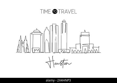 Disegno a linea singola continua dello skyline di Houston, Stati Uniti. Famoso raschietto e paesaggio cittadino. World Travel concept Home wall decor poster stampa art. Illustrazione Vettoriale