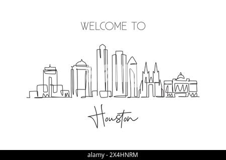 Una linea continua che disegna lo skyline di Houston, Stati Uniti d'America. Splendido punto di riferimento. Poster paesaggistico della città famoso in tutto il mondo. Eleganti e modificabili Illustrazione Vettoriale