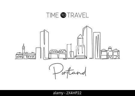 Un disegno su una sola linea dello skyline di Portland, Stati Uniti. Il paesaggio storico della città nel mondo. La migliore destinazione per le vacanze. Tratto modificabile tren Illustrazione Vettoriale