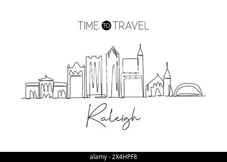 Un disegno continuo dello skyline di Raleigh, Stati Uniti. Splendido punto di riferimento. Stampa di poster di viaggio per turismo paesaggistico mondiale. Eleganti e modificabili Illustrazione Vettoriale