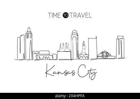 Un disegno continuo dello skyline di Kansas City, Stati Uniti. Splendido punto di riferimento. Stampa di poster di viaggio per turismo paesaggistico mondiale. st. Elegante modificabile Illustrazione Vettoriale