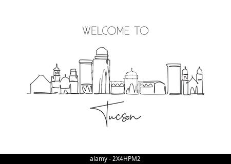 Disegno a linea singola continua dello skyline di Tucson, Arizona. Il famoso paesaggio cittadino dei raschiatori. Design da viaggio in tutto il mondo, arredamento da parete, stampa di poster artistici. Illustrazione Vettoriale