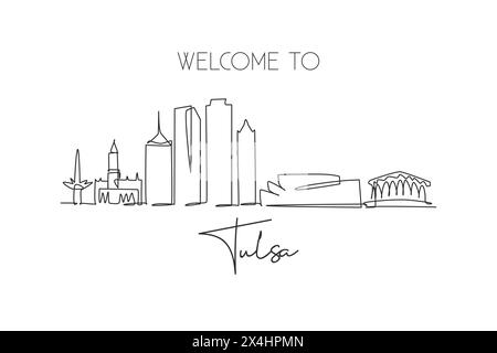 Linea singola continua che disegna lo skyline di Tulsa, Oklahoma. Famoso raschietto e paesaggio cittadino. Design da viaggio in tutto il mondo, arredamento da parete, stampa di poster artistici. Illustrazione Vettoriale