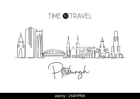 Disegno a linea singola continua dello skyline di Pittsburgh, Pennsylvania. Famoso paesaggio cittadino. World Travel concept Home wall decor stampa poster art. Illustrazione Vettoriale