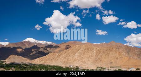 Panorama su Leh e la valle dell'Indo fino all'Himalaya indiana, Ladakh, Jammu e Kashmir, India Foto Stock