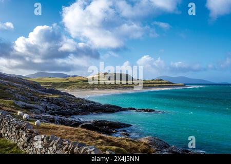 Costa occidentale dell'Isola di Harris nelle Ebridi esterne, Scozia, Regno Unito. Foto Stock