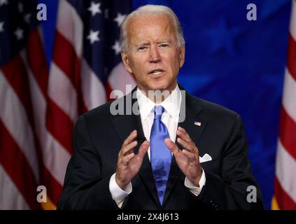 Joe Biden tiene il suo discorso di accettazione sulla Convention Nazionale Democratica dal Chase Center il 20 agosto 2020 a Wilmington, Delaware. Foto Stock