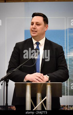 Stockton-on-Tees, Regno Unito. 3 maggio 2024. Il risultato è annunciato alle attesissime elezioni del 2024 per il sindaco di Tees Valley. Ben Houchen si rivolge alla camera quando viene rieletto sindaco di Tees Valley. Questo sarà il suo terzo mandato. Crediti: James Hind/Alamy Live News Foto Stock