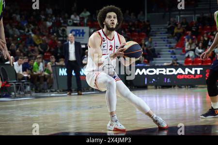 Charleroi, Belgio. 3 maggio 2024. Tyrell Roberts di Spirou raffigurato in azione durante una partita di basket tra il club belga Spirou Charleroi e l'olandese ZZ Leiden, venerdì 3 maggio 2024 a Charleroi, il giorno 10 nella fase Elite Gold, cross-boarder del campionato di basket di prima divisione belga e olandese "BNXT League". BELGA PHOTO VIRGINIE LEFOUR credito: Belga News Agency/Alamy Live News Foto Stock