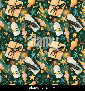 Motivo acquerello senza cuciture con regali di Natale in stile boho, stampa per Capodanno, festa di compleanno per avvolgere carta o tessuto, feste verdi Foto Stock