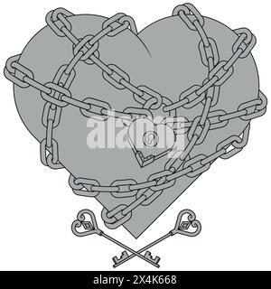Design vettoriale di un cuore d'amore incatenato, cuore incatenato con lucchetto e chiavi Illustrazione Vettoriale