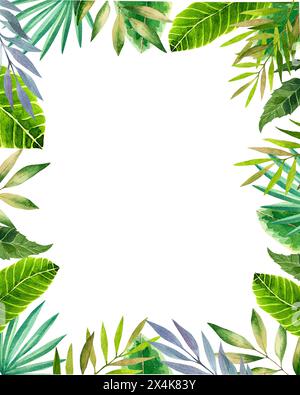 Tropicale, cornice, confine, giungla, palma, foglie, cornice, illustrazione acquerello, decorazione, estate, festa della mamma, vibrazioni estive Foto Stock