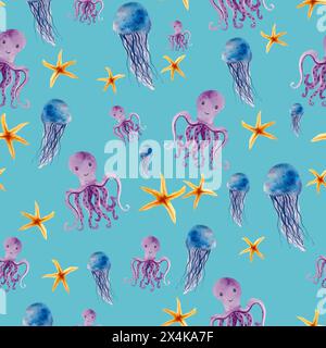 Vita marina, fauna selvatica, polpi, stelle marine, meduse, motivo senza cuciture, illustrazione, acquatica, carta da parati, texture, stampa, cartone animato Foto Stock