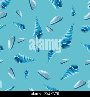 Sea LIFE, fauna selvatica, conchiglie, schema senza cuciture, illustrazione, acquatica, carta da parati, texture, stampa, blu Foto Stock