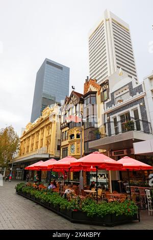 Centro commerciale Hay Street con caffetteria con marciapiede, Perth, Australia Occidentale Foto Stock