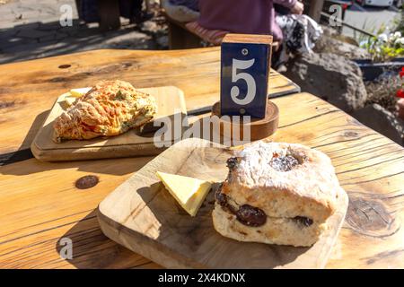 Data e focaccine al formaggio presso Sign of the Kiwi Cafe, Summit Road, Governors Bay, Banks Peninsula, Canterbury Region, nuova Zelanda Foto Stock