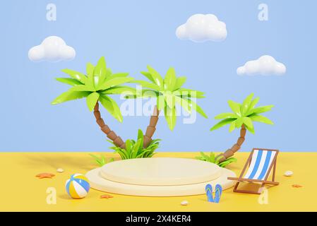Sfondo di rendering 3d Summer Beach con due scale intorno al podio prodotto Foto Stock