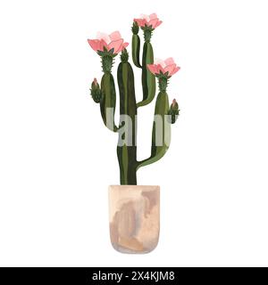 Cactus in fiore in un recipiente di cemento leggero. Piante per la casa. Floricoltura. Decorazione degli interni. Illustrazione ad acquerello isolata su sfondo bianco Foto Stock