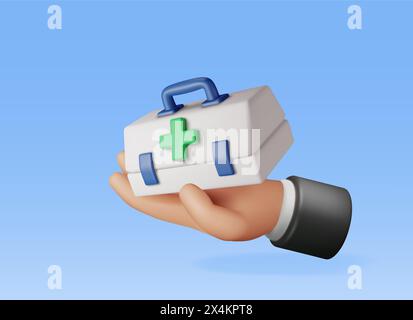 Kit di pronto soccorso 3d con croce verde in mano Illustrazione Vettoriale