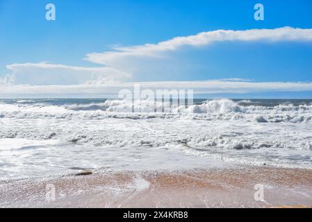 grandi onde che si infrangono su una spiaggia sabbiosa Foto Stock