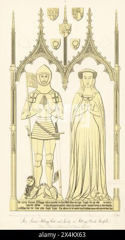 Sir Simon Felbrigge e Lady Margaret Felbrigge, 1413 anni. Cavaliere in armatura a lastra con tavolozze a spalla con croce di San Giorgio, giarrettiera sulla gamba sinistra, stendardo o pennone con stemma di re Riccardo II. Moglie Margherita, figlia di Primislao, (Przemysław i Noszak) duca di Teschen, morta nel 1413. Memorial Brass alla St Margaret's Church, Felbrigg, Norfolk. Incisione a mano in rame disegnata, incisa e pubblicata da John Sell Cotman in Engravings of the Most Remarkable of the Sepulchral Brasses in Suffolk, Henry Bohn, Londra, 1818. Foto Stock