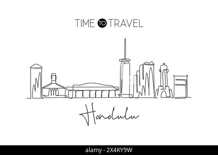 Una linea singola che disegna lo skyline di Honolulu, Hawaii. Il paesaggio storico della città nel mondo. Poster delle migliori destinazioni di vacanza. Tratto modificabile alla moda Illustrazione Vettoriale