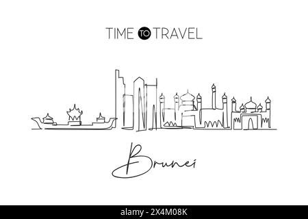 Disegno a linea singola continua dello skyline della città di Bandar seri Begawan, Brunei Darussalam. Famoso paesaggio cittadino. Poster per arredamento da parete World Travel Illustrazione Vettoriale