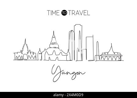 Disegno a linea singola continua dello skyline della città di Yangon, Myanmar. Il famoso paesaggio cittadino dei raschiatori. Poster con stampa da parete, arredamento artistico per la casa. Illustrazione Vettoriale