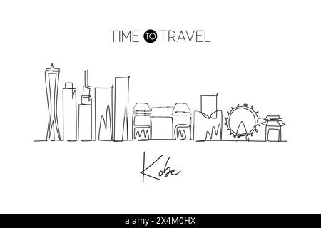 Disegno a linea singola continua dello skyline di Kobe, Giappone. Famoso raschietto e paesaggio cittadino. Concept di viaggio per il mondo Home Art decorazione a parete, stampa poster. Illustrazione Vettoriale