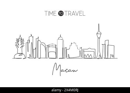 Disegno a linea singola continua dello skyline di Macao, Cina. Famoso raschietto della città e arredamento da parete con stampa di poster artistici. Concetto di viaggio nel mondo. Illustrazione Vettoriale