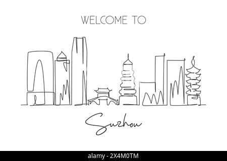 Disegno a linea singola continua dello skyline della città di Suzhou, Cina. Famoso raschietto cittadino e poster decorato con pareti paesaggistiche. Concetto di viaggio nel mondo. Stro modificabile Illustrazione Vettoriale