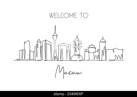 Un disegno a linea singola dello skyline di Macao, Cina. Il paesaggio storico della città nel mondo. La migliore destinazione per le vacanze. Tratto modificabile alla moda Illustrazione Vettoriale