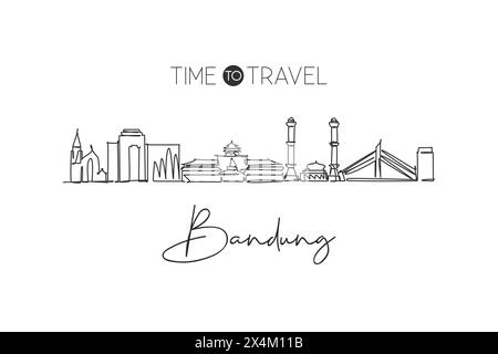 Un disegno a linea singola dello skyline della città di Bandung, India. Paesaggio della città storica, arredamento per la casa, stampa di poster con opere d'arte murale. La migliore destinazione per le vacanze. Continua Illustrazione Vettoriale