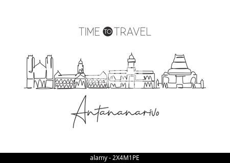 Una linea singola che disegna lo skyline di Antananarivo, Madagascar. Luogo storico paesaggio cartolina. Poster con decorazioni murali della migliore destinazione per le vacanze. Alla moda Illustrazione Vettoriale