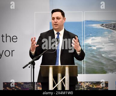 Stockton-on-Tees, Regno Unito. 3 maggio 2024. Ben Houchen riflette dopo essere stato dichiarato sindaco di Tees Valley alle attesissime elezioni del 2024. Crediti: James Hind/Alamy Live News Foto Stock