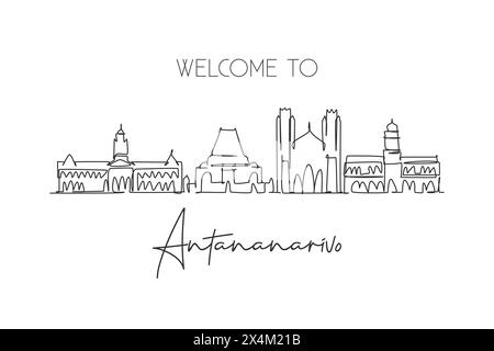 Un disegno continuo dello skyline di Antananarivo, Madagascar. Splendido punto di riferimento della città. Turismo paesaggistico mondiale e viaggi. st. Elegante modificabile Illustrazione Vettoriale